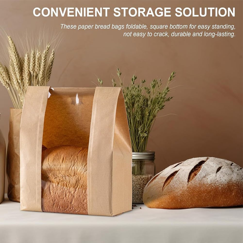 50 Pack Large Paper Bread Bags with Window for Homemade Sourdough Loaves - Bread Bags for Homemade Bread Storage and Gift Giving with Label Seal Stickers