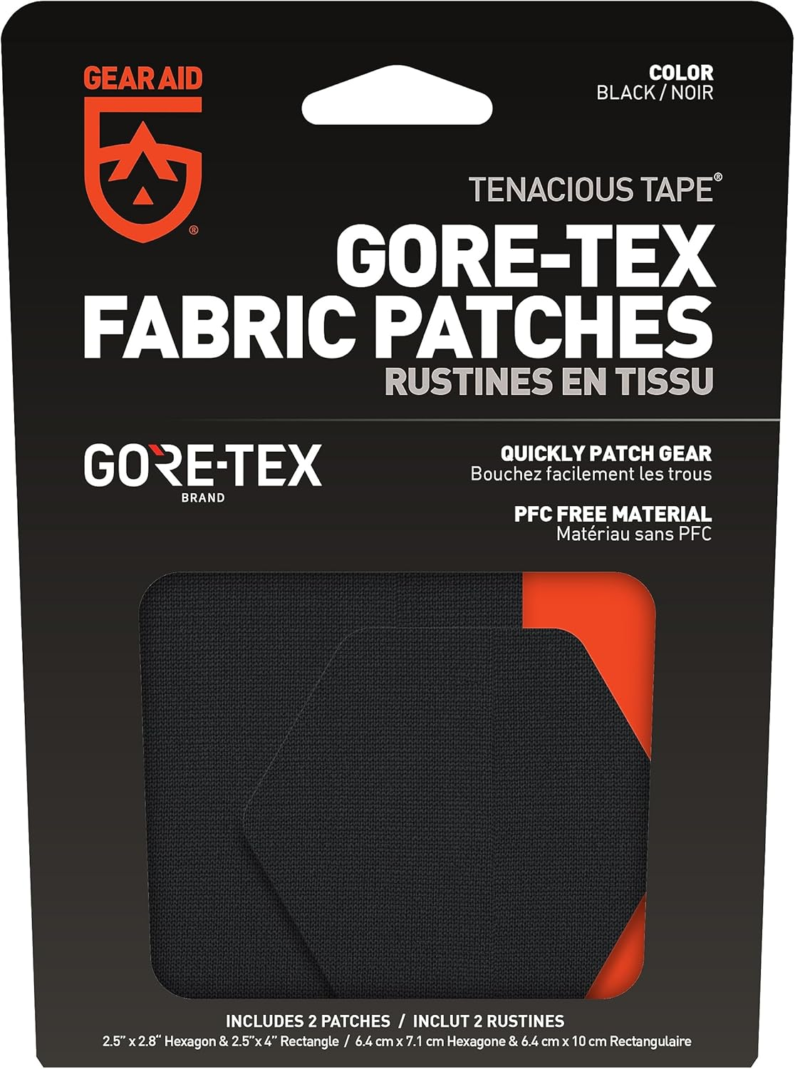 GEAR AID Tenacious Tape Gore-Tex Fabric Patches for Quickly Fixing Holes and Tears in Jackets, Gloves, Rain and Ski Pants | Black | 2.5&rdquo; X 2.8&rdquo; Hexagon, 2.5&rdquo; X 4&rdquo; Rectangle, 2 Patches image number 3
