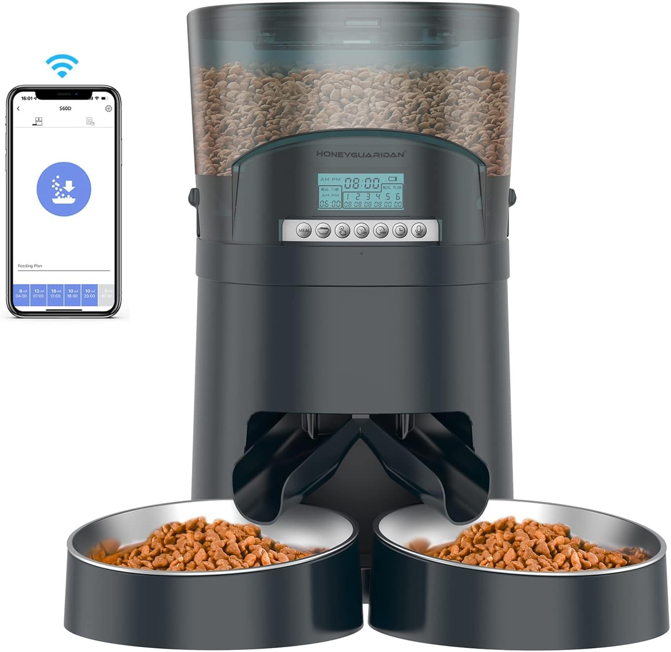 Honeyguaridan Automatic Cat Feeder, 2 Bowls, 4.5 L Cat Food, Automatic Feeder with Timer (Blue)