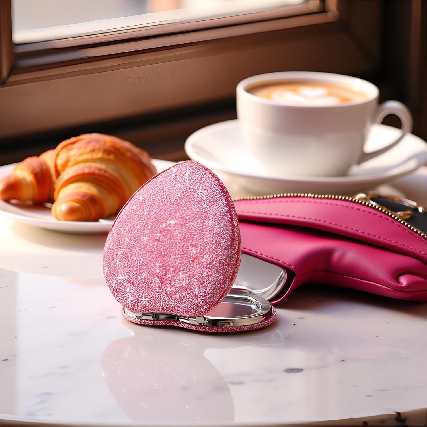 Compact Folding Mirror Heart Shaped Magnifying Mini Vanity Mirror Portable Travel Makeup Mirror for Purse Double-Sided Cute Glitter Cosmetic Mirror for Women Handbag Wallet Home Office Mirrors image number 6