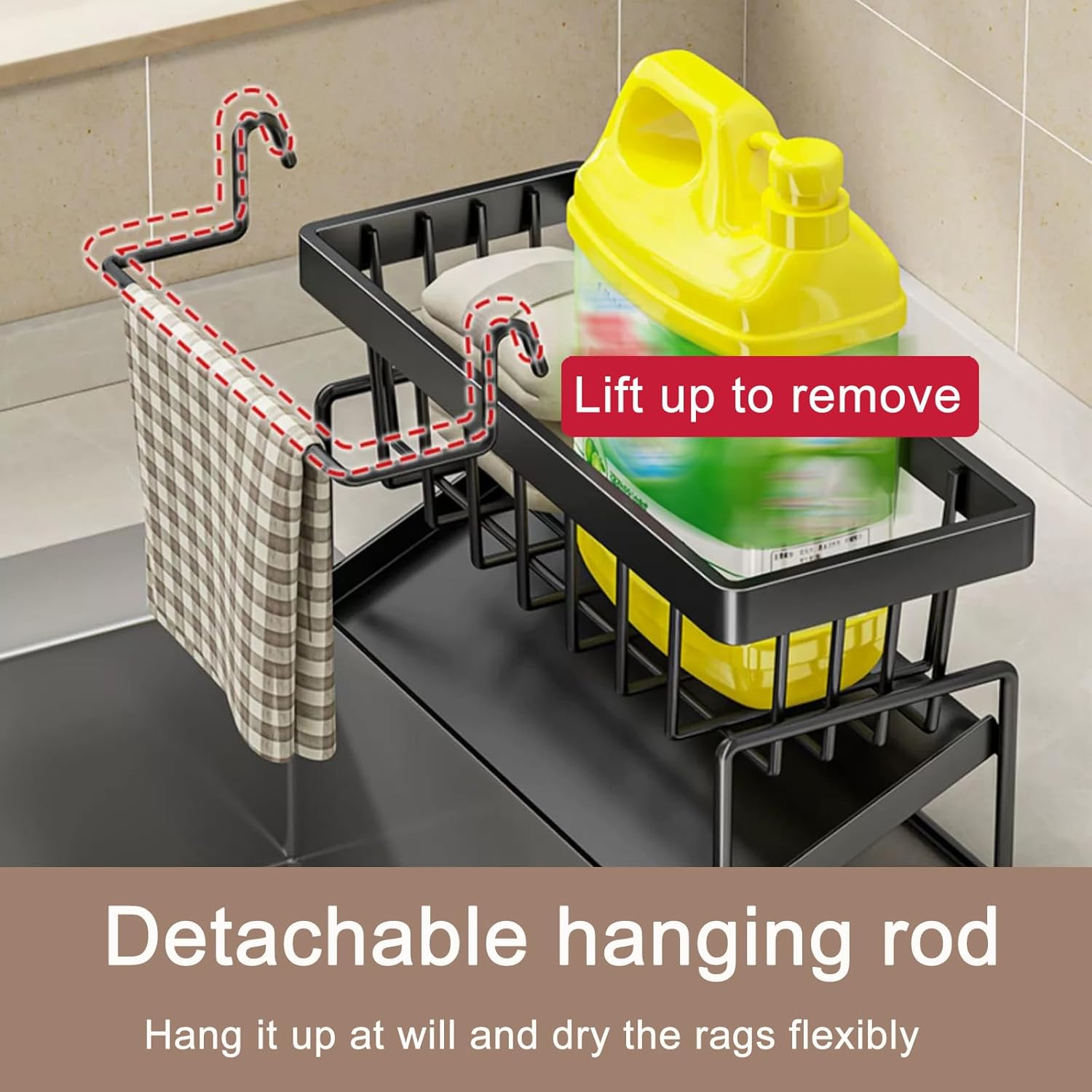 Merrynine Kitchen Sink Caddy Organizer with Brush Holder, Rustproof Stainless Steel Sponge Holder for Kitchen Sink with Self Draining Tray, Dish Soap Scrubber Brush Dishcloth Holder, Black image number 3