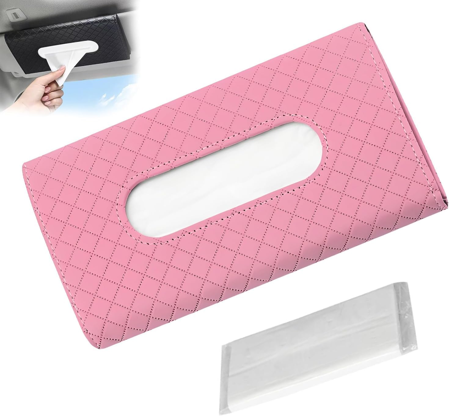 Car Tissue Holder, Car Visor Tissue Holder, PU Leather Car Tissue Holder, Hanging Paper Towel Clip, Car Sun Visor Accessories, Compatible with Most Cars (Pink)