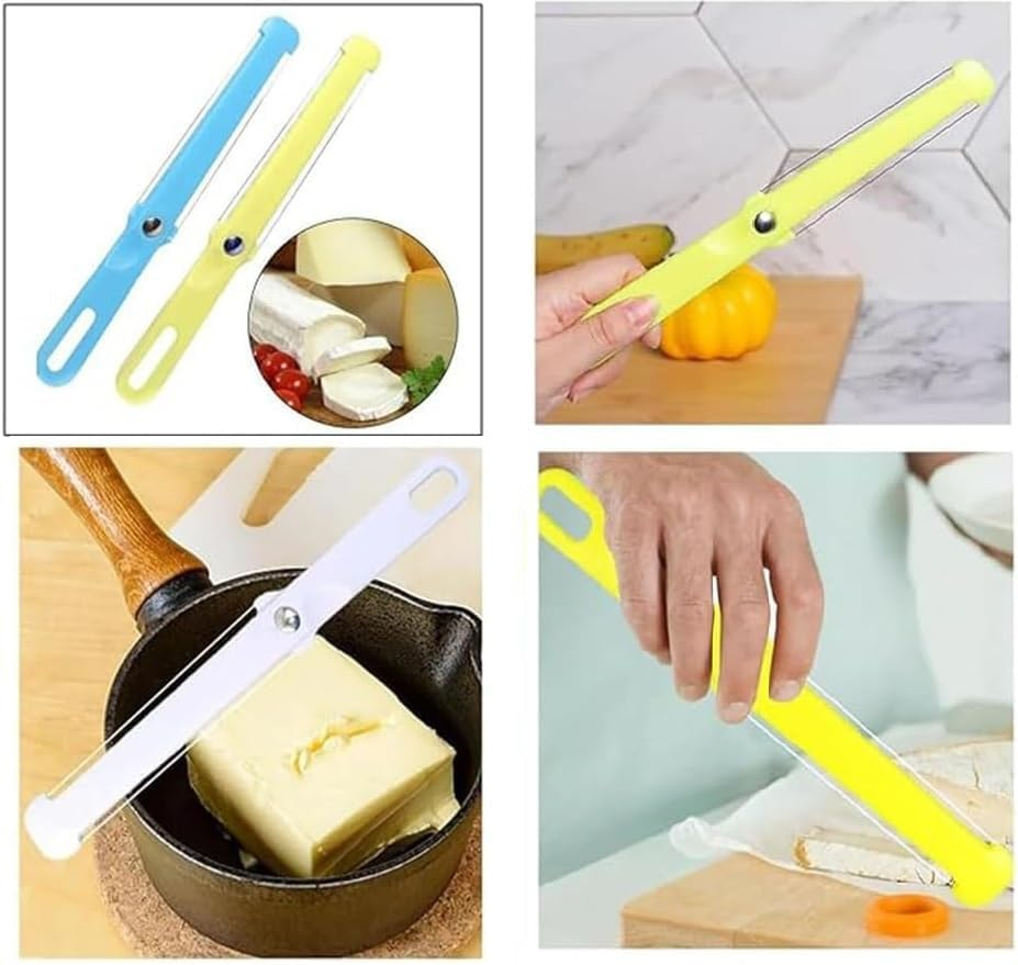 Leanockesa 4-In-1 Cheese Slicer Wire Set, Plastic Butter Knife, Pizza Candy Knife, Bread Knife, Kitchen Gadget, Cheese Cutter, Handheld, 2-Side Wire Blade