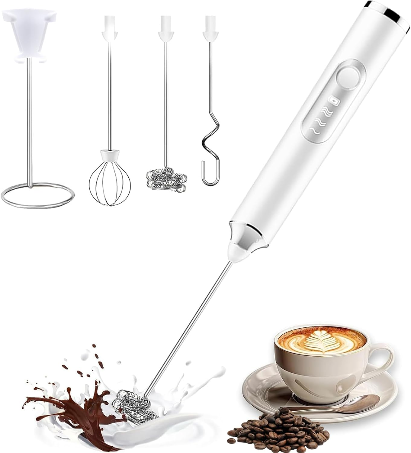 Milk Frother Handheld Rechargeable with Stand, Multi-Function Coffee Frother with 3 Stainless Steel Whisks 3 Speeds,Whisk Foam Maker for Coffee, Lattes, Cappuccino, Matcha, Hot Chocolate & Creamer