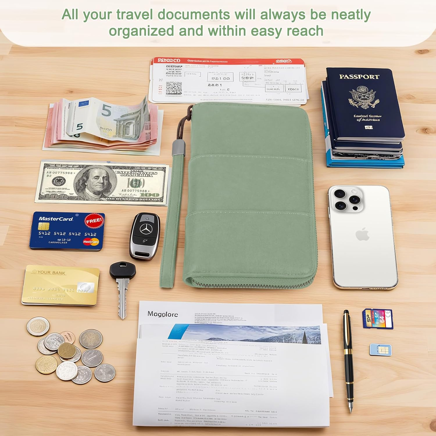 Family Passport Holder Wallet with Zipper, RFID Blocking Travel Document Organizer, PU Leather Passport Wallet for Women Men, Passport Cover Travel Wallet for Boarding Pass, ID, Money, Tickets, Light image number 6