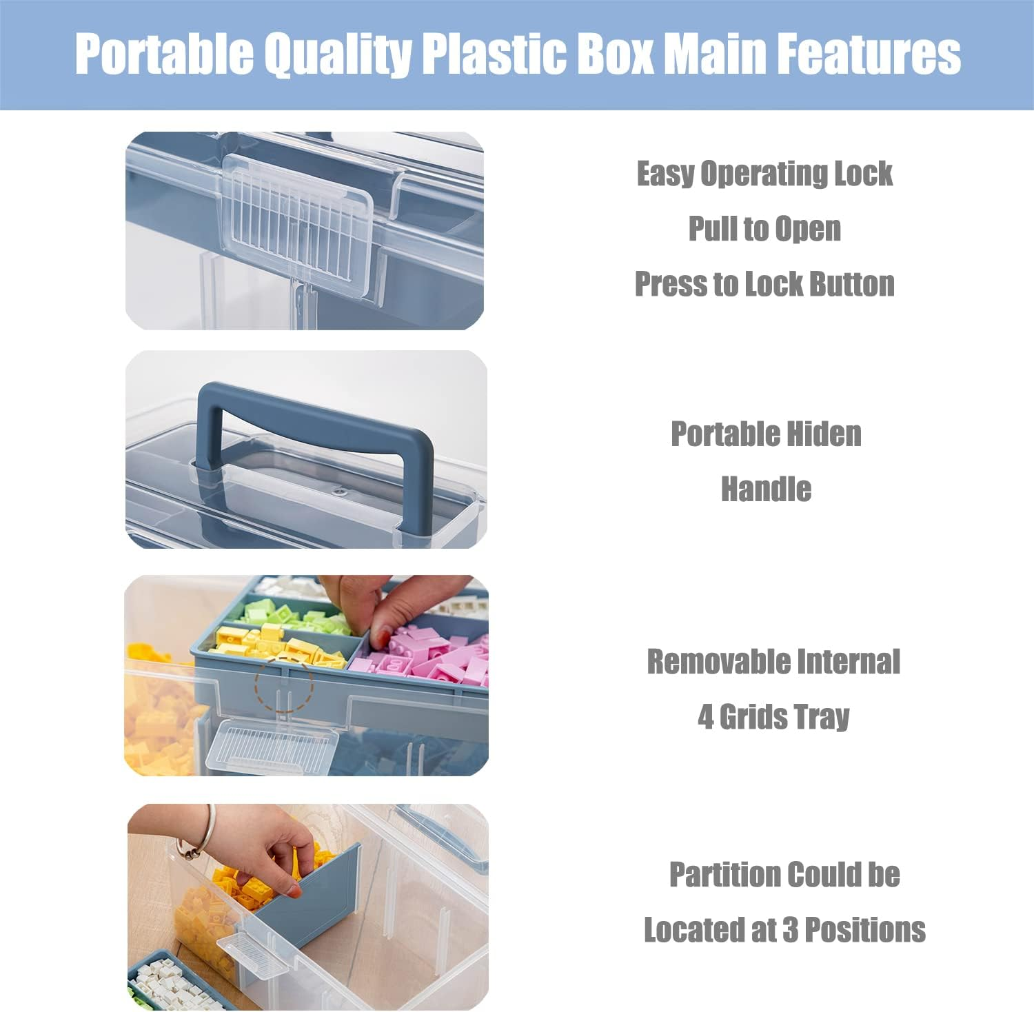 FOREVERIE Clear Plastic Arts & Craft Supplies Organizer Box Large with a Removable Tray & Adjustable Partition & Handle, Office Home School Desktop Stationery Storage Box, Medicine Box (Ocean Blue)