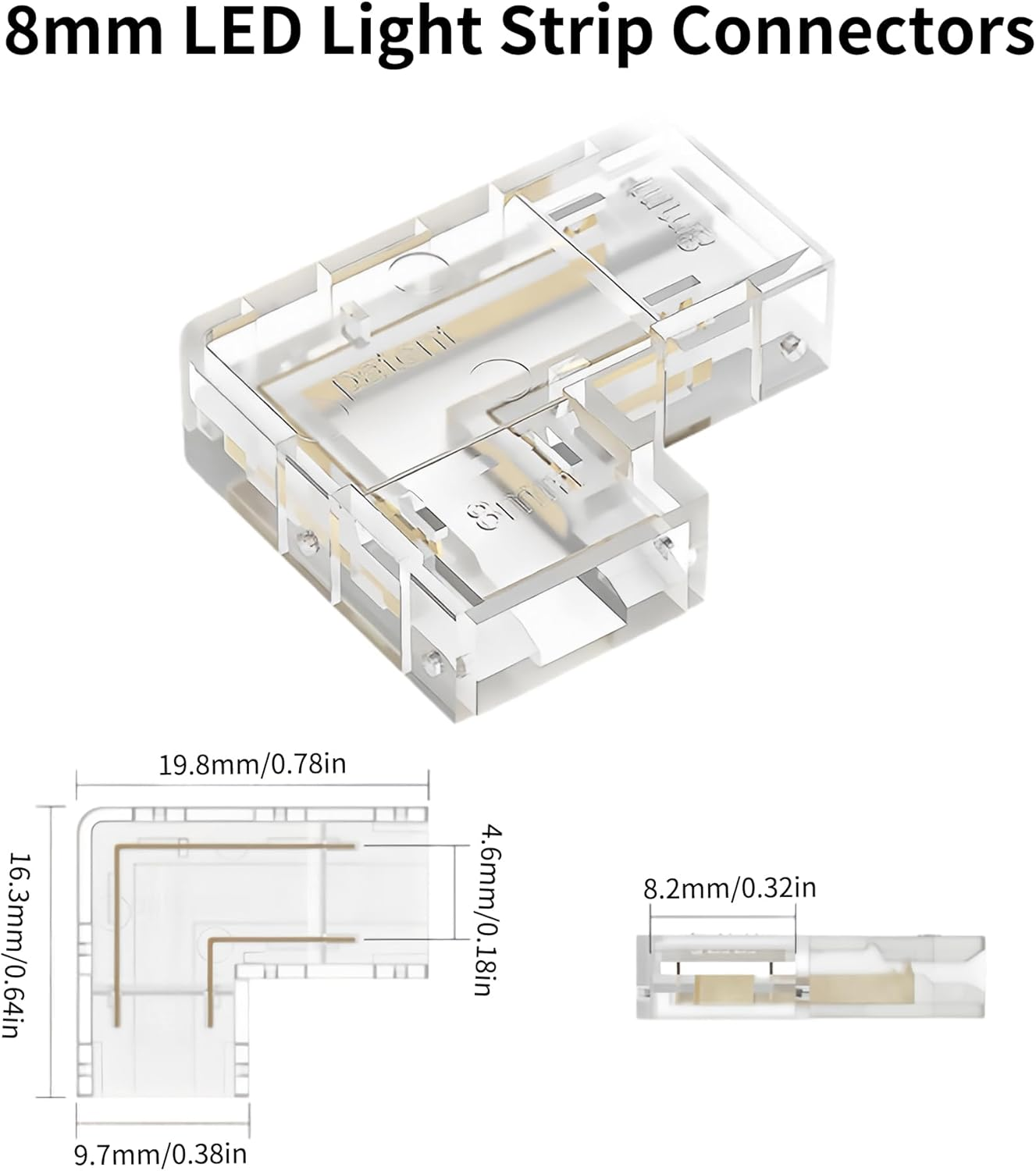 Clearhill 8Mm 2Pin 10Packs Transparent Solderless L-Shape COB LED Strip Connectors,90&deg;Right Angle Corner Joints for 5V 12V 24V Single Color LED Strip Lights,Seamless Corner Connection. image number 3