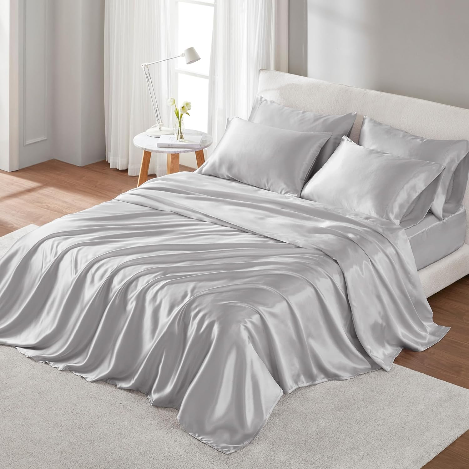 Madison Park Essentials Satin Sheet Set Luxury and Silky with Natural Sheen, Elastic 14" Pocket Fits up to 16" Mattress, All around Elastic - Year-Round Bedding, Queen, Light Grey, 6 Piece image number 7