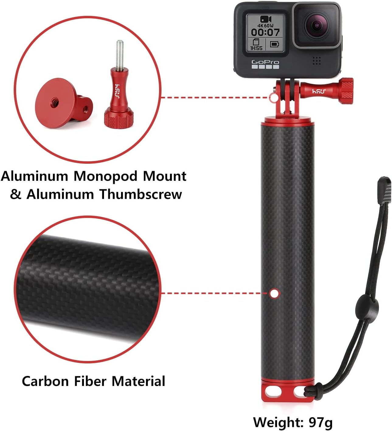 HSU Floating Hand Grip, Waterproof Handle Monopod for Gopro Hero 13/12/11/10/9/8/7/6/5 Max, AKASO Campark DJI Osmo Action Camera, Underwater Diving Selfie Pole Stick image number 1