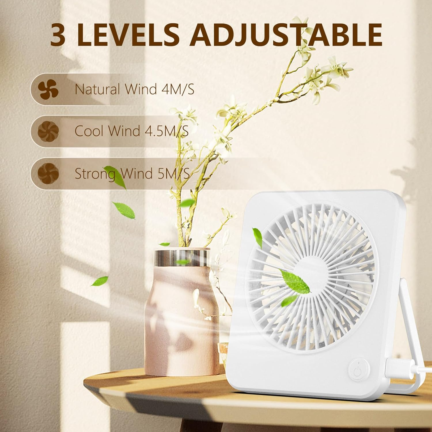Hianjoo Mini Desk Fan, Personal USB Powered (No Battery) Portable Desktop Table Mini Cooling Fan 3 Speeds Angle Adjustable Quiet Strong Wind Small Travel Fan for Home Bedroom Office Car, White image number 4