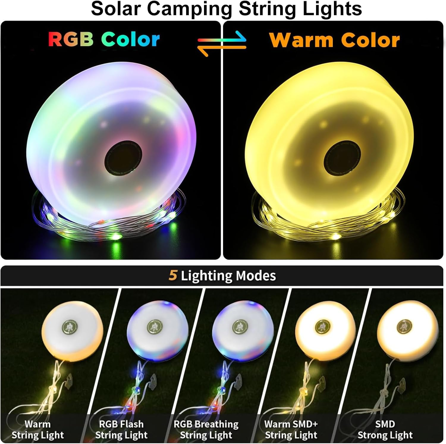 Bongu Solar Camping String Lights, 2 in 1 Rechargeable 10 M Camping Lights with 5 Lighting Modes, Waterproof Portable Tent Lighting for Outdoor Camping Hiking Awning Garden Party Festival Decor image number 2