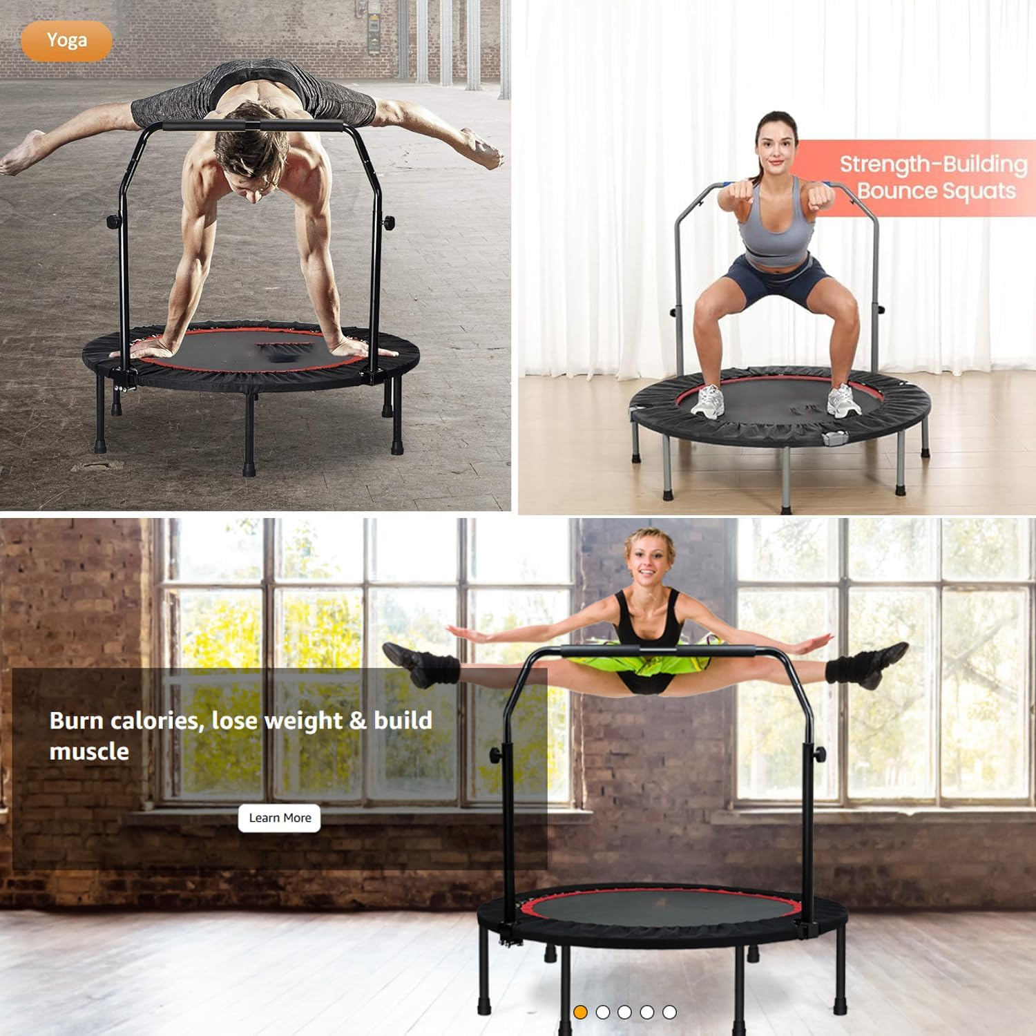 48" Rebounder Trampoline Foldable Fitness Indoor Exercise Workout Rebounder Trampoline with 5 Level Adjustable Heights Foam Handrail, Max Load 300KG image number 1