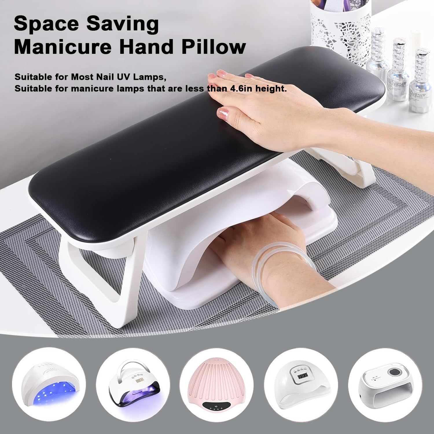 PU Leather Nail Arm Rest for Nails Tech, Foldable Hand Stand for Nail Tech, Big Nail Arm Rest with PVC Table Mat Microfiber with Bracket Manicure Arm Rest for Nail Salon Technician- H8 (Black) - Grey image number 5