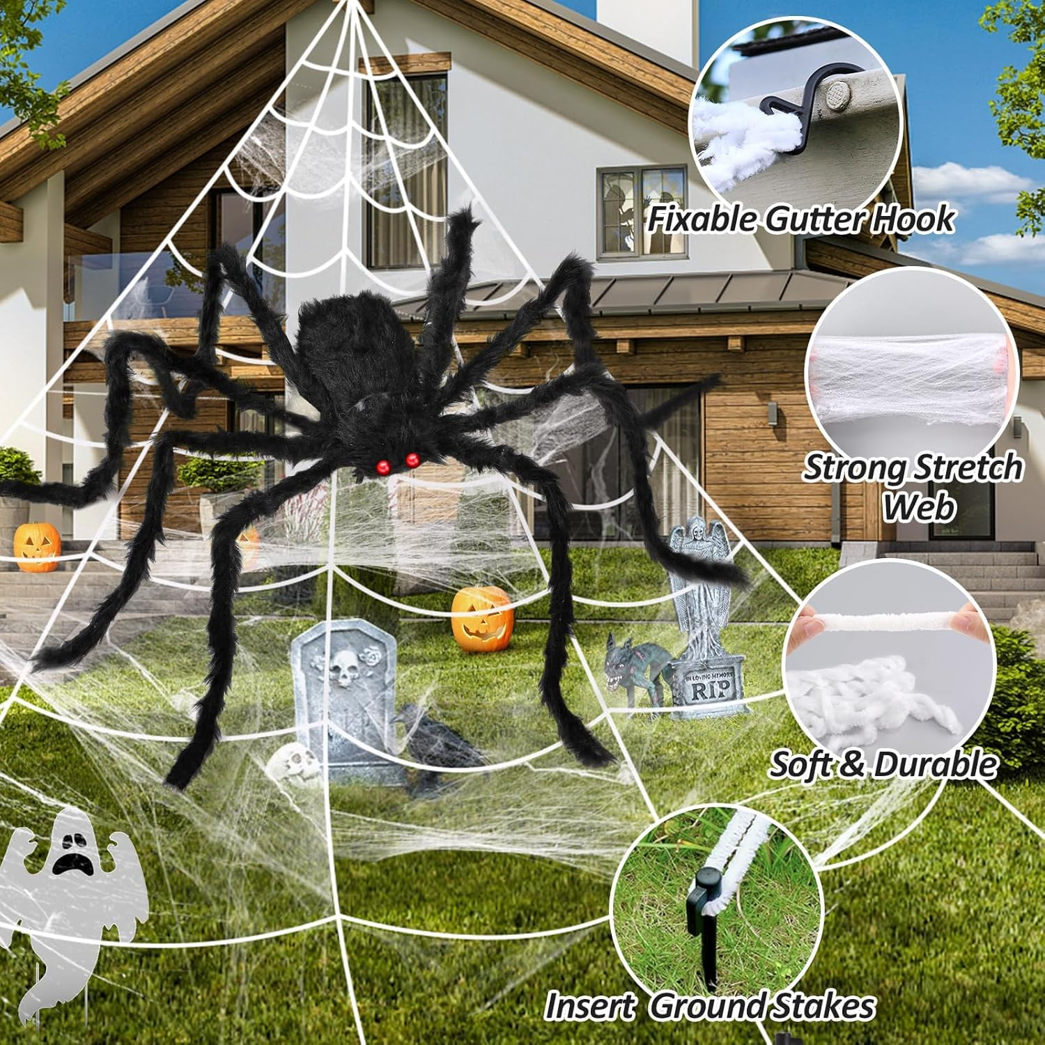 Halloween Decorations Outdoor 16 FT Giant Halloween Spider Web, 60'' Large Spider + 20 Spiders and 40G Stretch Cobwebs Triangular Spider Web Halloween for Haunted House Yard Lawn Party Halloween Decor image number 3