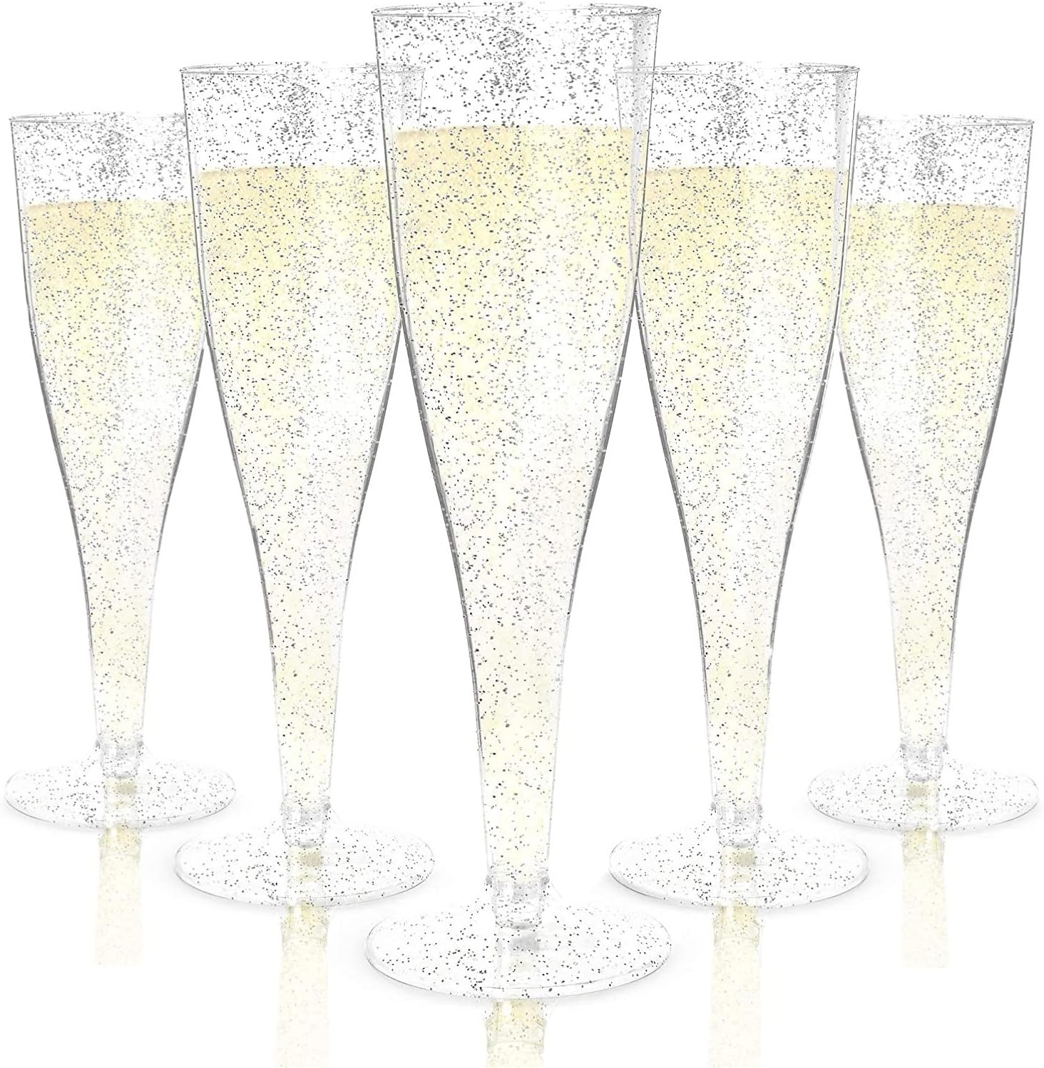 LATERN 60Pcs Plastic Champagne Flutes, 150Ml Gold Glitter Champagne Glasses Reusable Stemmed Party Wine Cups for Garden Wedding Anniversary Shower Parties (5 X 17Cm)