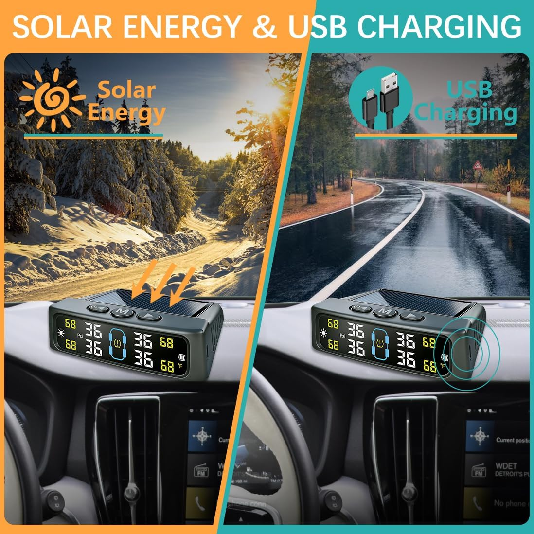 Tire Pressure Monitoring System, TPMS with Solar & USB Charge, Tire Pressure Monitor System with 4 External Sensors & 6 Alarm Modes, Color LCD Display TPMS with Auto Sleep for Car, Sedan, SUV, VAN, RV image number 3