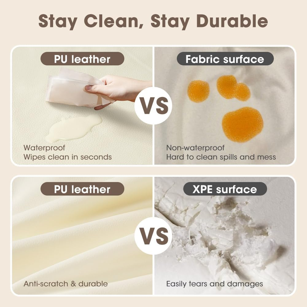 &zwnj;Playpals Baby Play Mat, Extra-Thick Vegan Leather Activity Mat with Washable Removable Cover, Non-Slip Cushioned Crawling Mat for Infants, Babies & Toddlers, Easy-Clean Floor Mat, 121X121Cm Beige&zwnj; image number 1