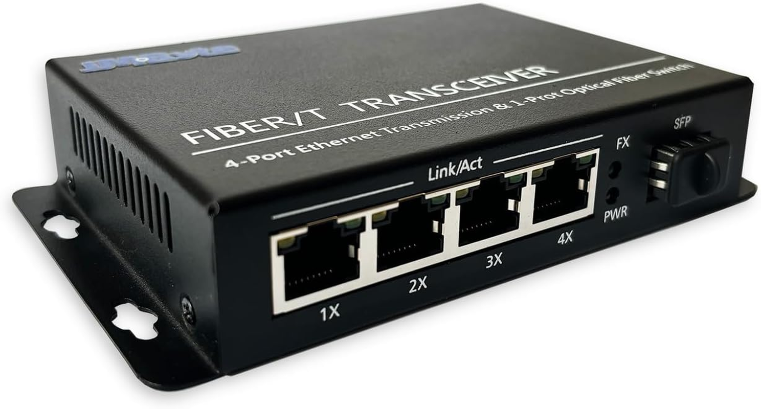 Jm-Byte Unmanaged Fiber Media Converter, Ethernet Switch, 4 &times; 10/100/1000Mbps RJ45 Ports, 1 Gigabit SFP Uplink, Auto-Mdi/Mdix, Plug & Play, No Configuration Required, Metal Casing (JM-CN2053-G)
