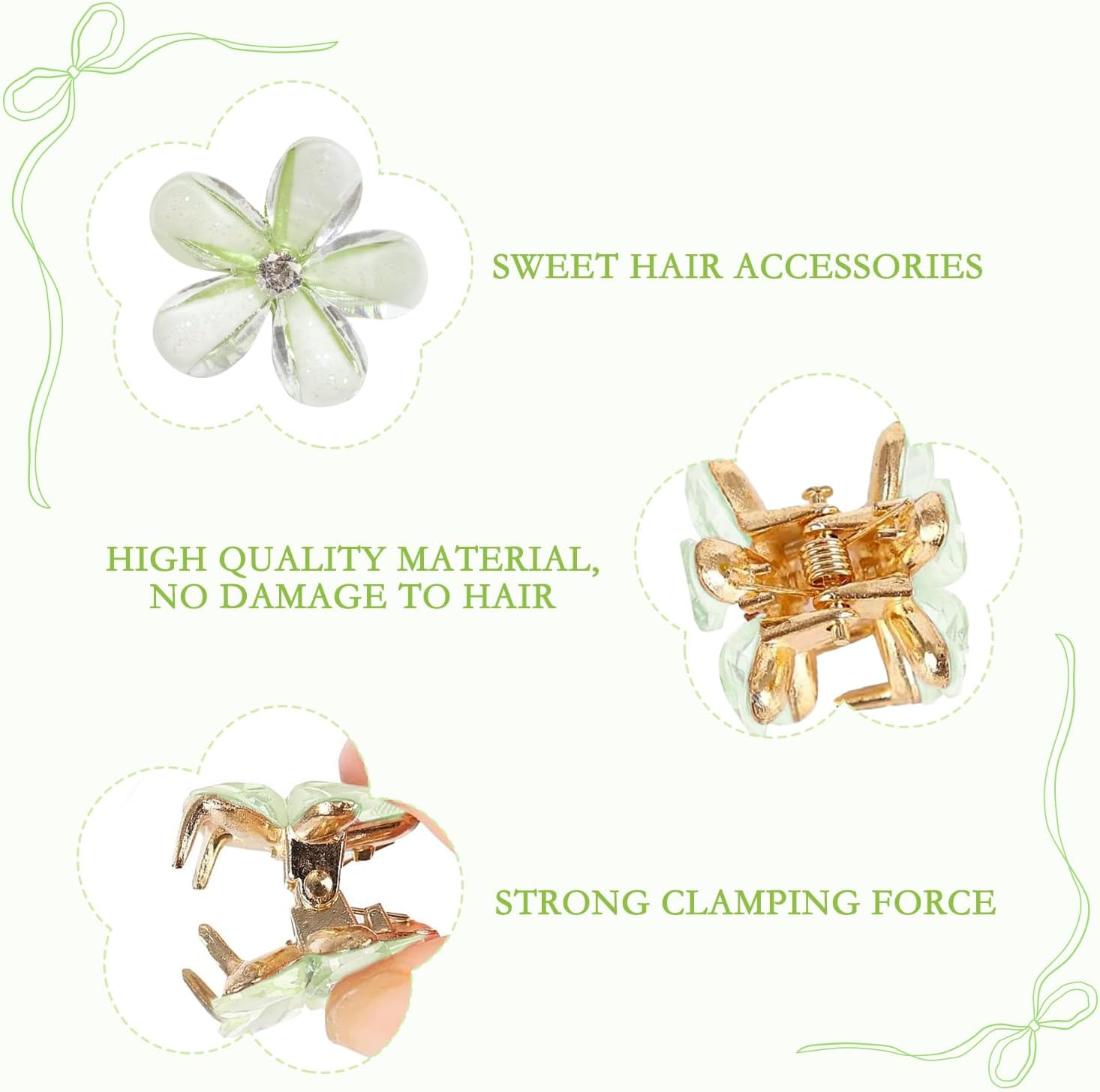 10 Pieces Small Hair Clips, Mini Flower Hair Clips, Small Flower Clips, Non-Slip Green Hair Clips, Hair Clips for Girls and Women for Daily Life, Party, Wedding, Hairstyle Accessories image number 3