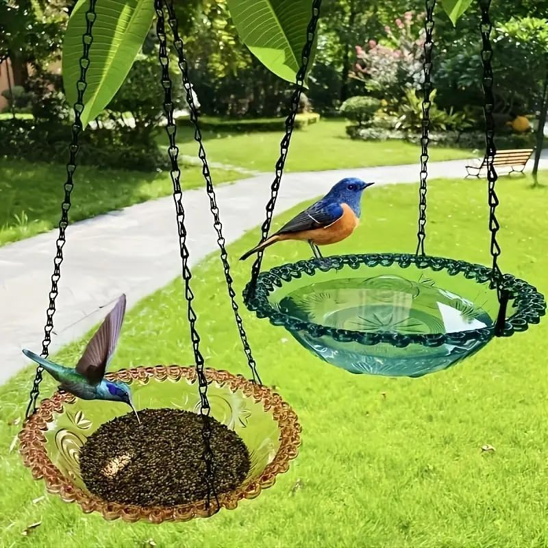 Flower Shaped Hanging Bird Bath Bowl with Metal Chain, 1Pc round Hanging Bird Feeder and Birdbath, round Bird Flower Shaped Bird Feeder and Bath Bowl with Chain, Blue image number 2