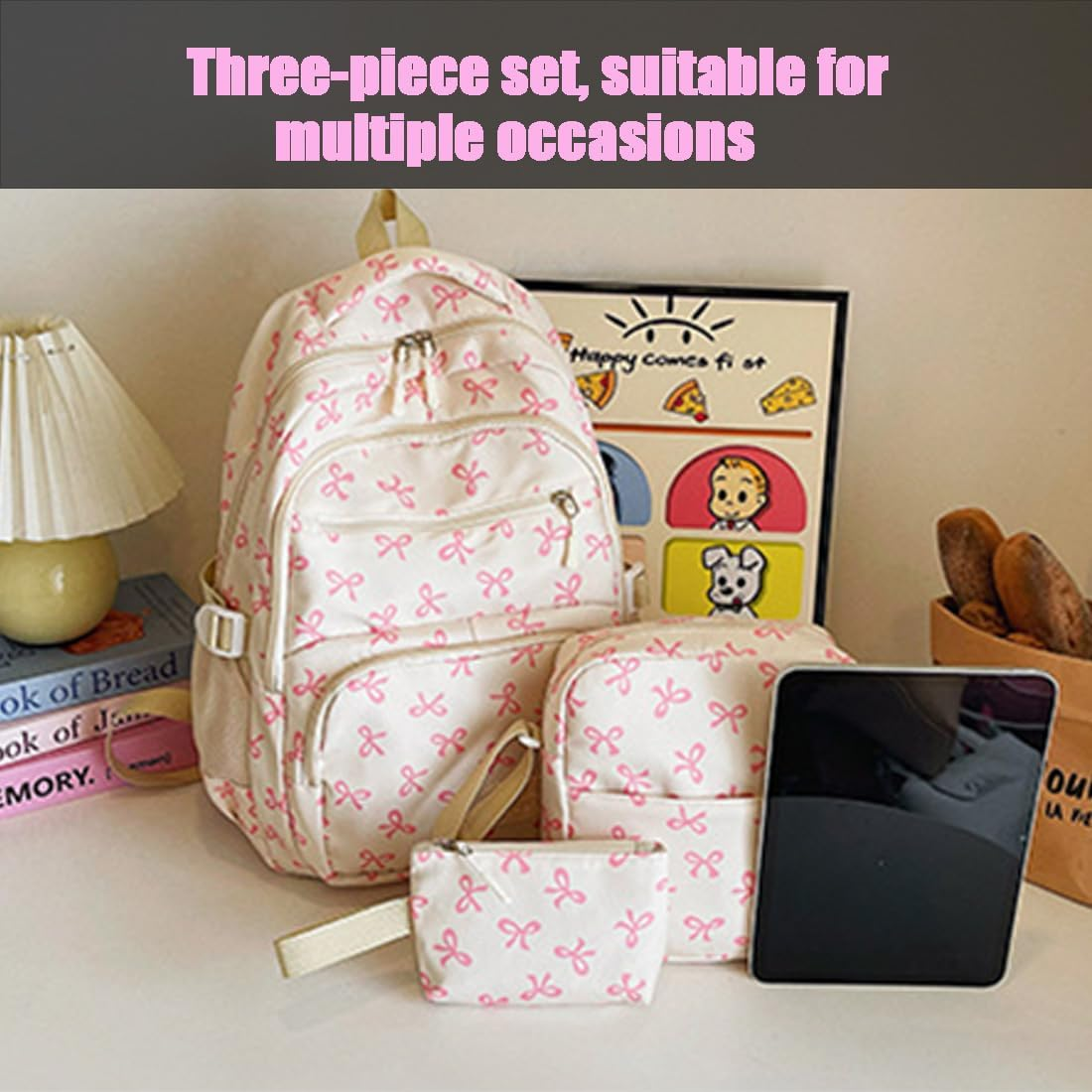 3Pcs Set Bow Backpack for Girls, Pink Bow Backpack, College Style Large Capacity Nylon Bow Bookbag Set - Pink image number 6