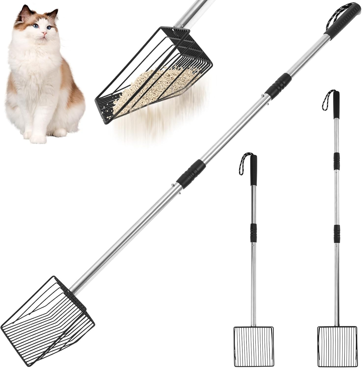 Chicken Poop Scooper, Metal Chicken Litter Scooper Handle with 80 to 110Cm Long Handle, Litter Scooper Sifting Shovel Chicken Coop Accessories for Chick Pet Cat Dog image number 5