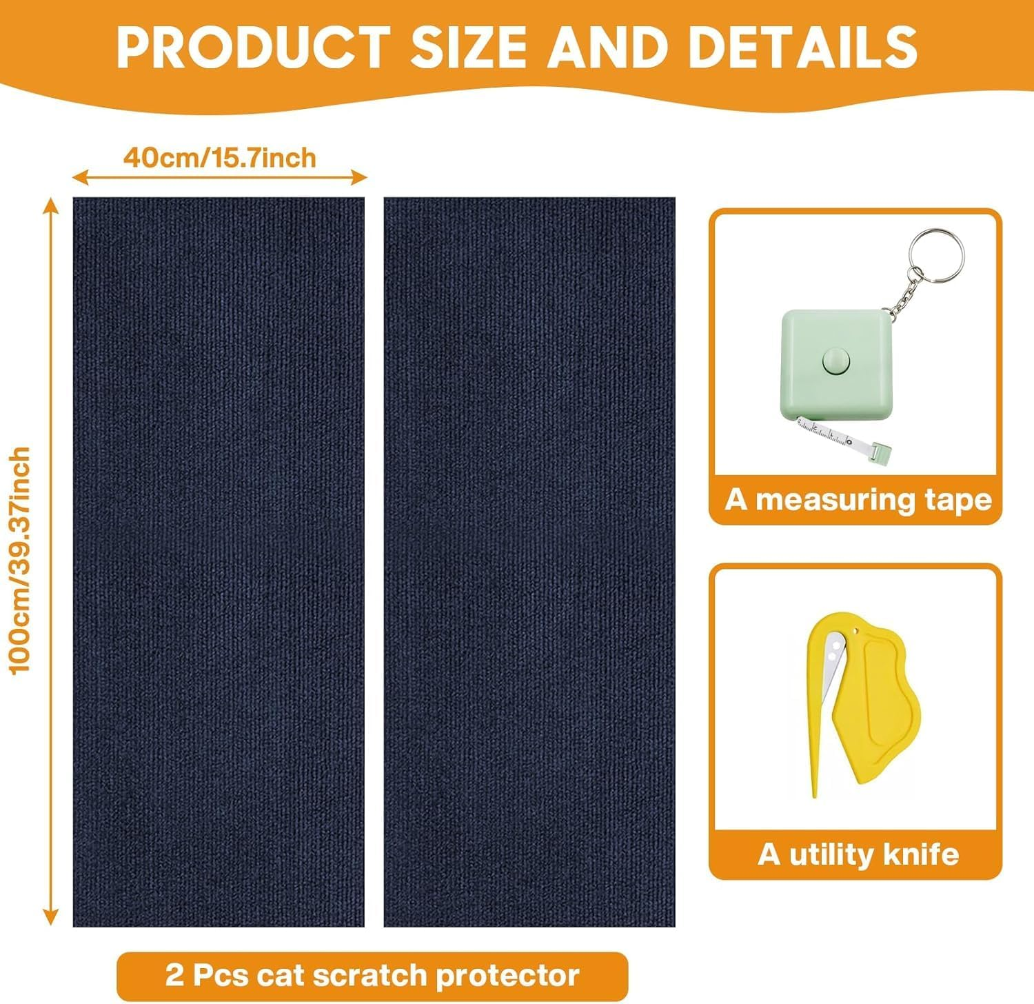MIAOKE Pack of 2 90 X 40 Cm, Scratch Protection for Cat Furniture with Utility Knife and Tape Measure, Cut to Size Self-Adhesive Scratching Mat for Cats, Suitable for Homemade Scratching Post Stands image number 1