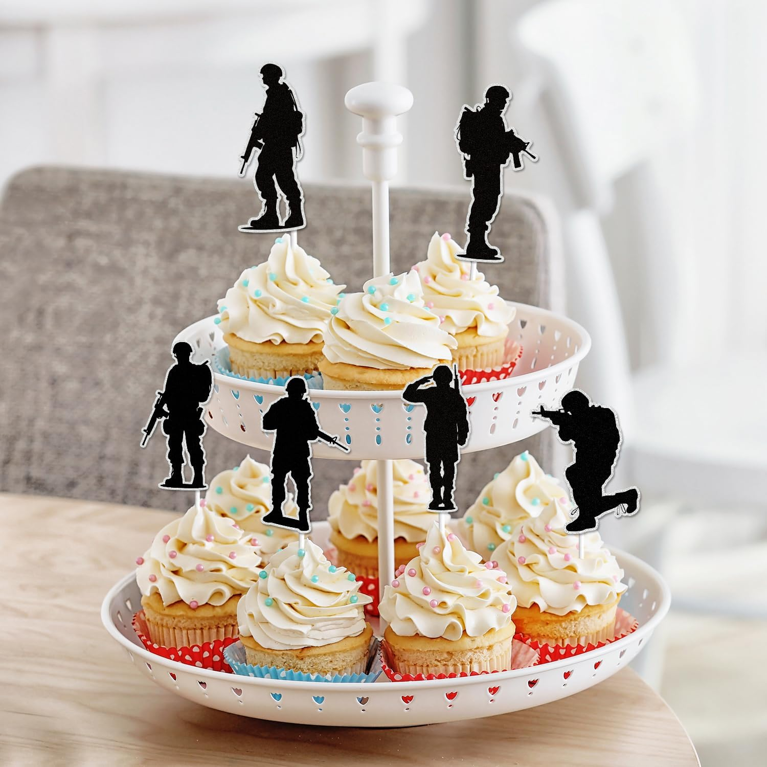 18Pcs Military Cupcake Toppersblack Glitter Gun Army Soldier Fighter Veteran'S Day Happy Birthday Cupcake Pick Airman Retirement Military Themed for Kids Boys Men Birthday Party Supplies image number 5