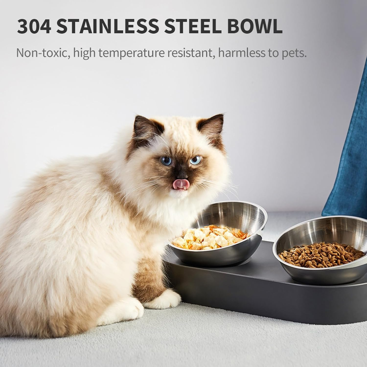 Raised Dog Cat Food Bowl 304 Stainless Steel, Elevated Pet Food and Water Bowl Dishes, Elevated Cat Bowls, Non-Slip Tilted Cat Bowl No Spill image number 5