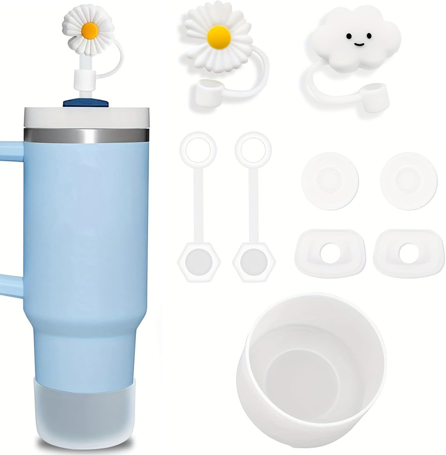 Spill Stoppers Set for Stanley Cup Accessories 7 Pcs Silicone Set Including 4 Pcs 10 Mm Straw Cover Cap 2 Pcs Leak Stoppers 1 Pcs Protective Boot for Stanley 20Oz 30Oz 40Oz Tumbler (White)