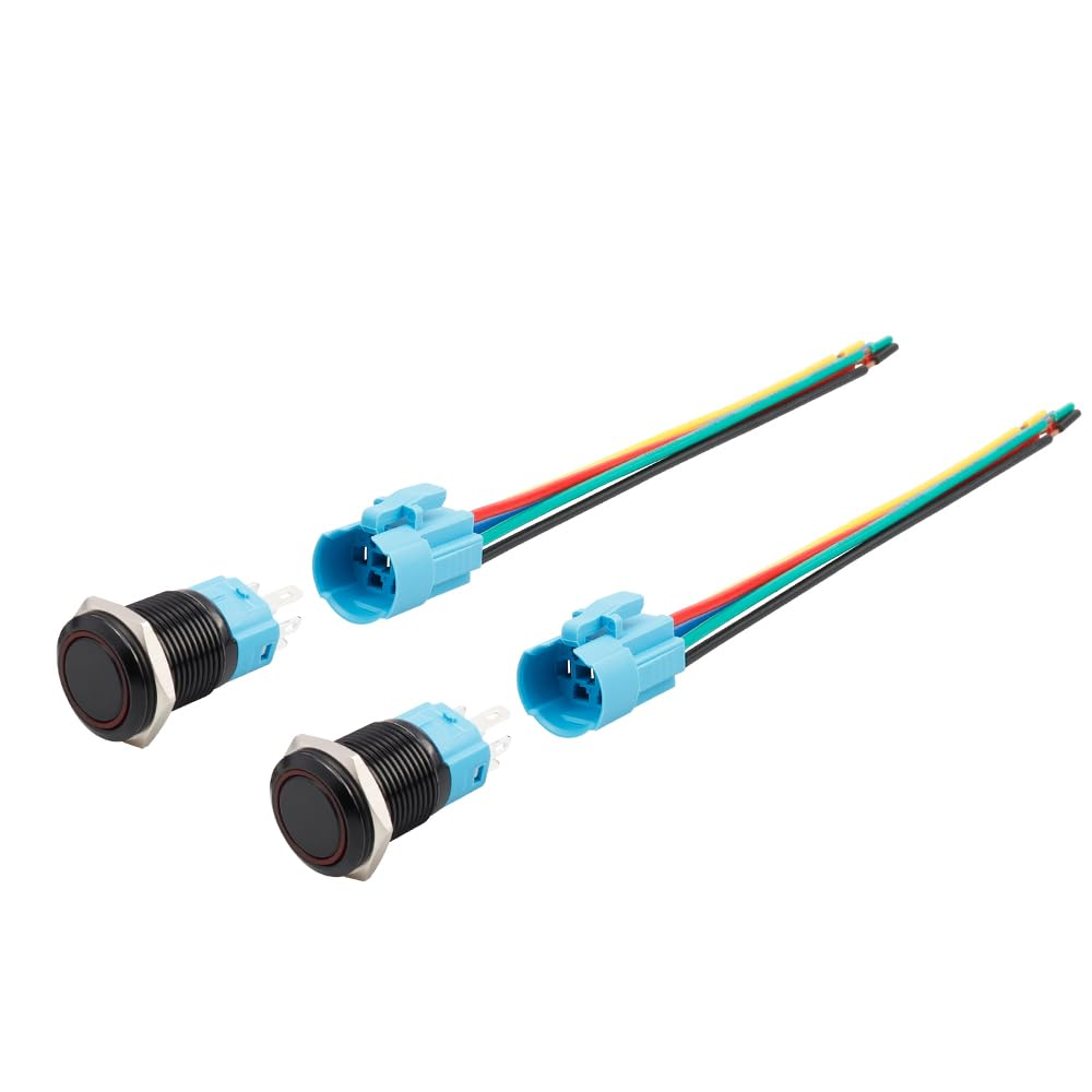 Yakamoz 2Pcs 16Mm Waterproof Latching Push Button Switches, 12V Self-Locking Button on off with Sockets Red LED Wiring Harness for Automotive, Marine, Industrial Machinery and DIY. image number 3