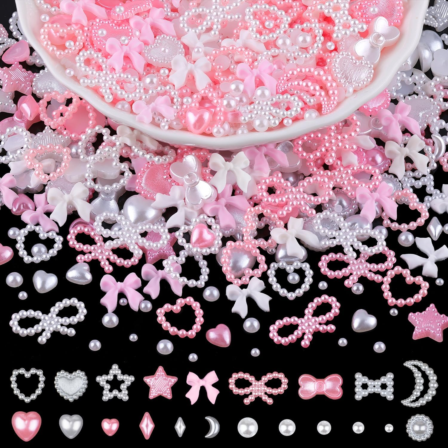 1200Pcs 3D Multi Shapes Nail Charms and Flatback Pearls, White&Pink Mix Styles Heart Star Bow Sunflower Embellishments for Nail Art, Craft and Decoration with Tweezer and Pickup Pencil
