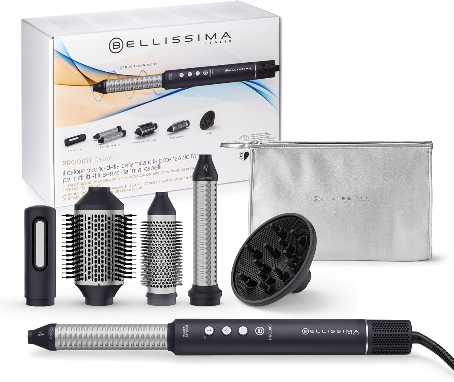 Bellissima Italia Prodigy Deluxe Hot Air Hair Styler Set, 5 Attachments, Ceramic Coating, Silver Storage Bag