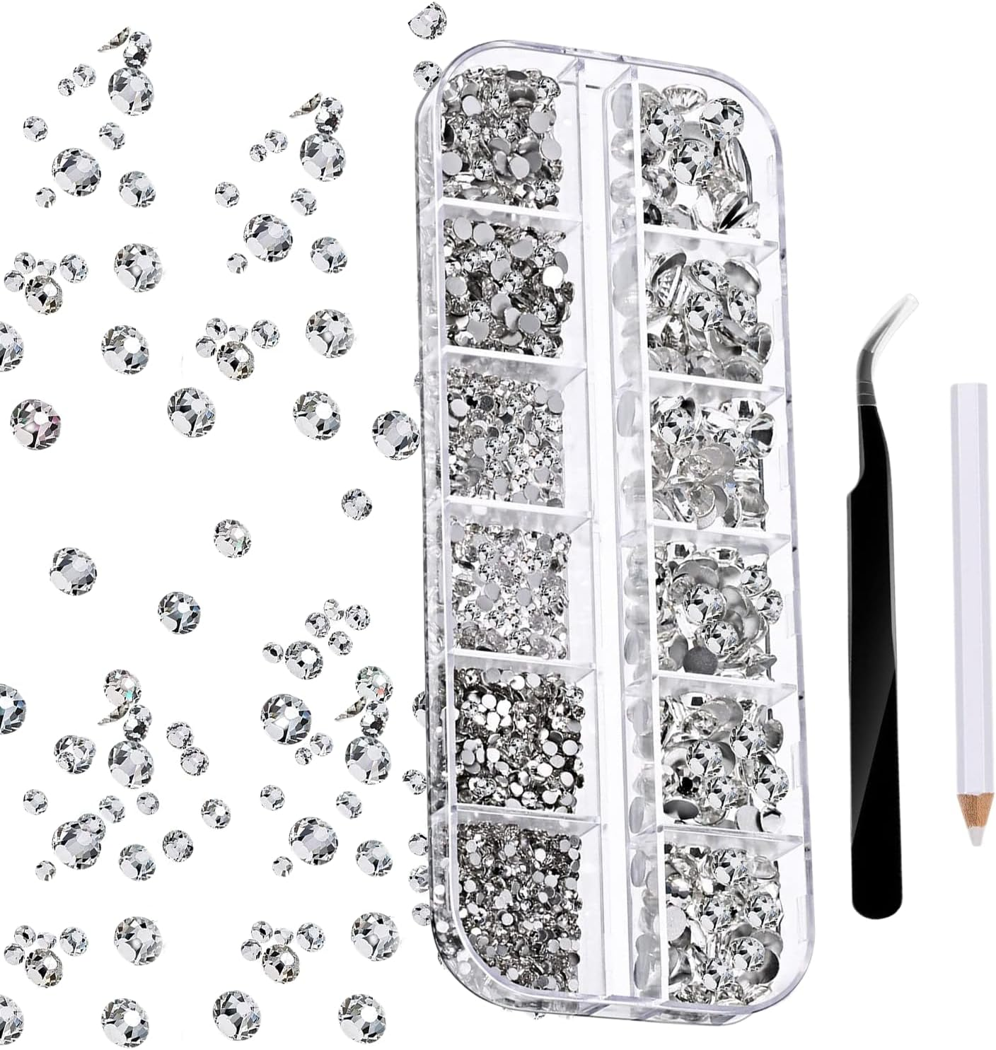 Hrenvaxil Rhinestones, Nail Gems - 2000 Pieces Flat Back round Crystal Bedazzling Kit with 6 Sizes (1.5-6 Mm), Tweezers and Picking Pen for Crafts, Nail, Face Art, Clothes, Shoes, Bags DIY (White) image number 1