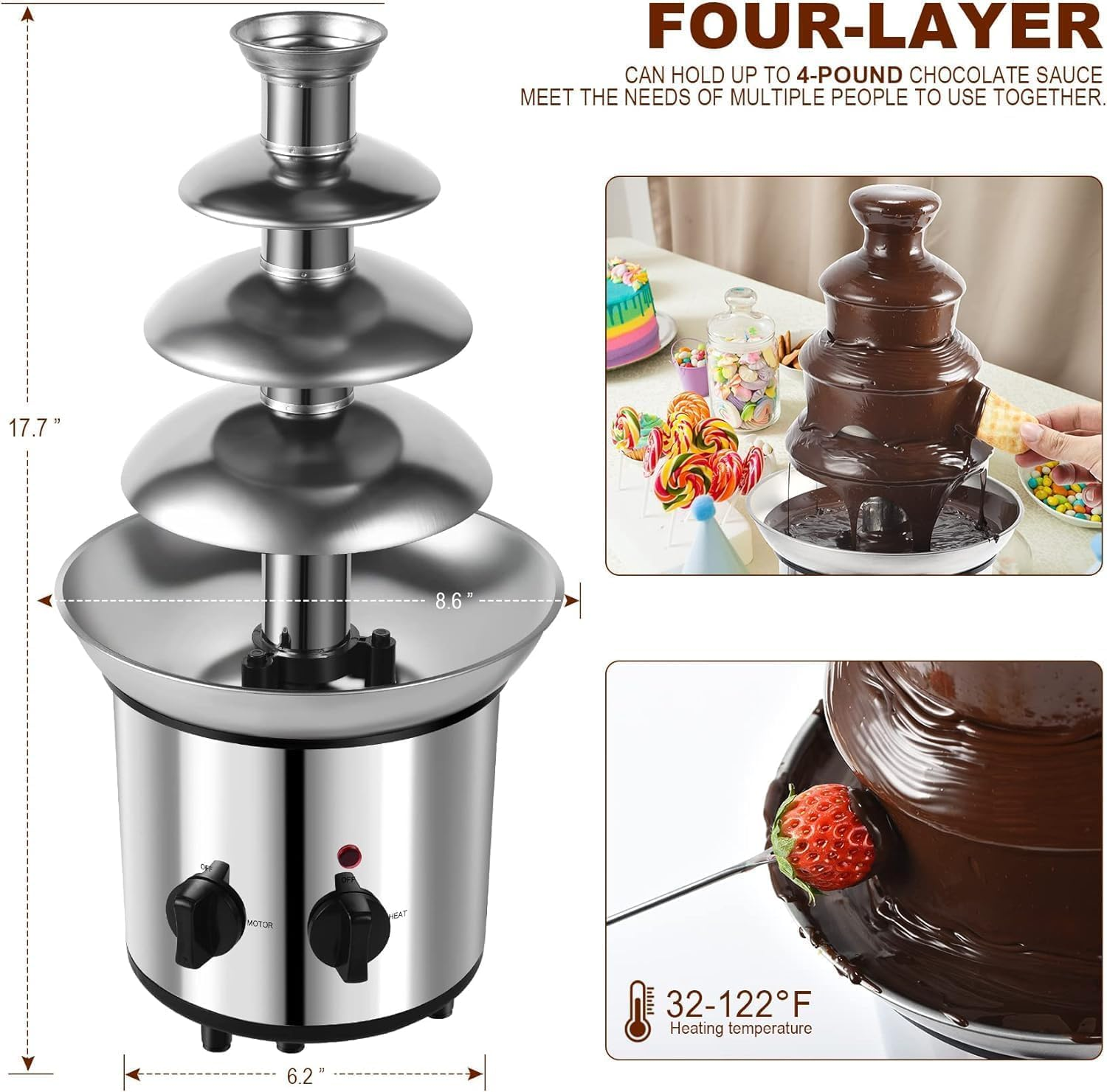 Large Size Stainless Steel Chocolate Fountain Fondue Set Electric 4-Tier Machine with Hot Melting Pot Base 1800Ml Capacity, for Birthday Party, Family Gathering, Brown image number 5