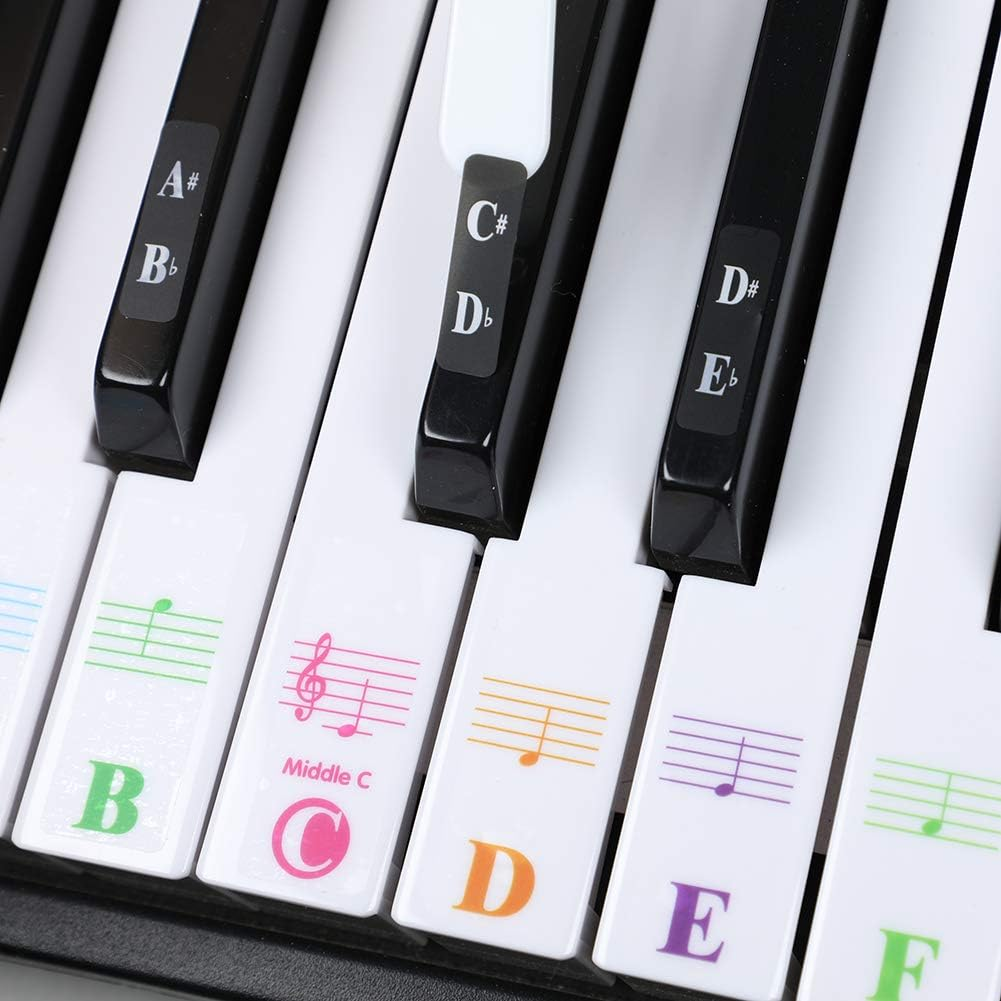 Piano Stickers for 88/61/54/49/37 Key. Colorful Large Bold Letter Piano Keyboard Stickers Perfect for Kids Learning Piano. Multi-Color,Transparent,Removable