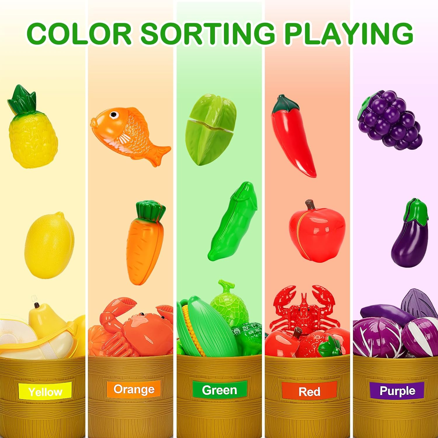 Color Sorting Play Food Set - 68 Pcs Cutting Play Food Toy for Kids Kitchen, Pretend Fake Food & Fruit & Vegetables Accessories, Preschool Educational Toy for Toddler Boy Girl Christmas Birthday Gifts image number 6