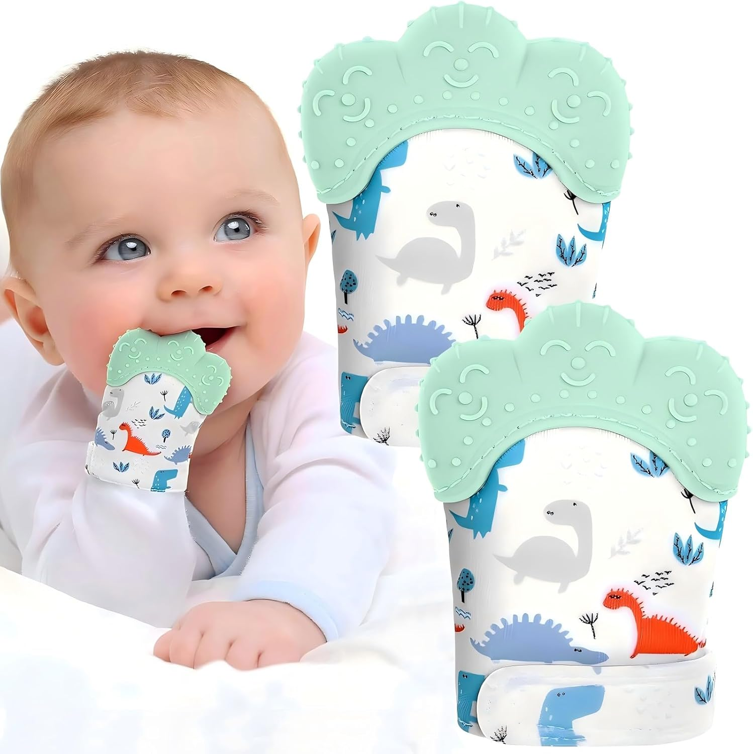 2 Pack Baby Mittens Teething Relief, Baby Teething Toys 3-6 Months, Soothing Infant Mitten Pain Relief, Prevent Scratches Glove, Safe Silicone Baby Teether Toys for 0-12 Months Green Dinosaur