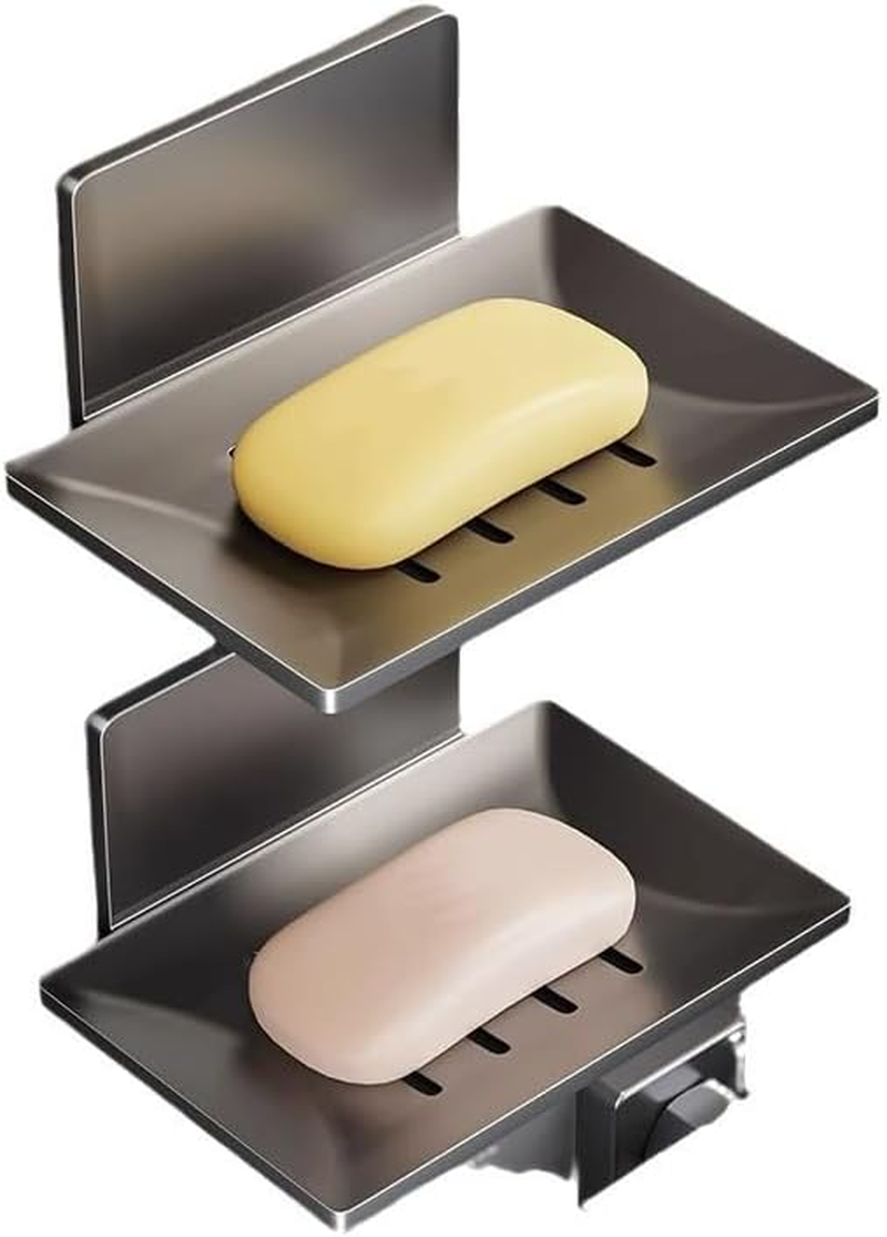 Self-Adhesive Soap Dish for Shower, Bathroom Soap Holder Wall Mount, Soap Savers for Bar Soap and Sponge Easy Drainage, 2 Pack Stainless Steel Soap Dishes for Bar Soap (Grey, One Size) image number 4