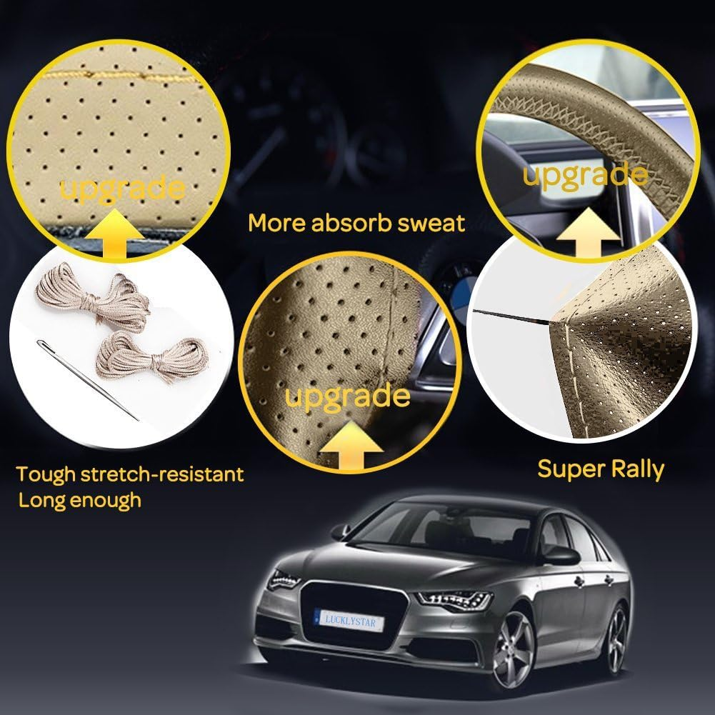 PU Leather Steering Wheel Cover Lace-Up - DIY Stitching, Stitch on Wrap, Universal Fit for 38 Cm Car, Truck, SUV, Pickup, Boat Wheels, Soft Padding, DIY Stitching Kit with Needle and Thread image number 3