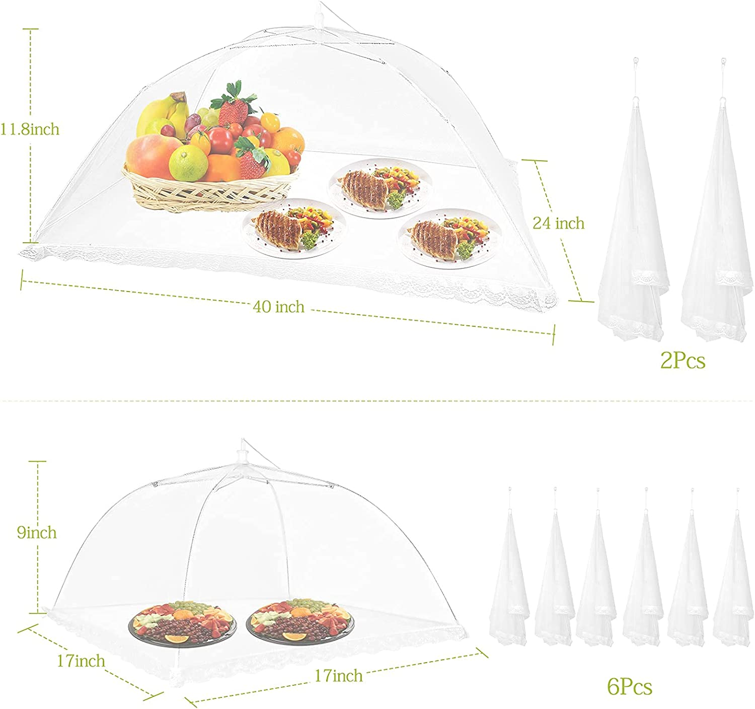 Food Cover Food Tent Set, 2 Extra Large 40"X24" and 6 Standard 17"X17" Mesh Food Covers for Outside, 8 Pack Collapsible, Reusable Pop-Up Umbrella Food Nets for Picnics, Outdoor Camping, Parties, BBQ image number 1