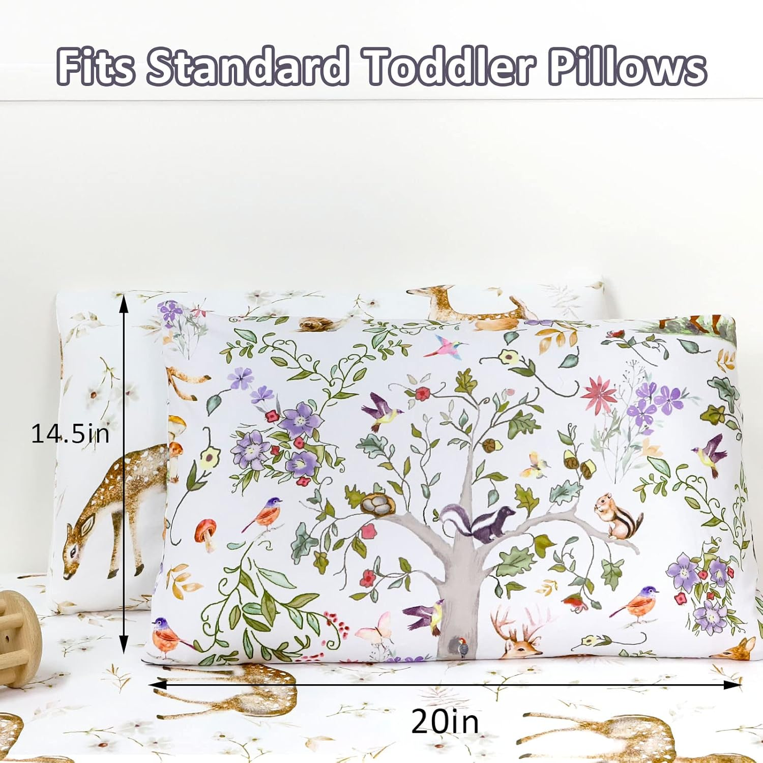 CARUILI 2 Pack Toddler Pillowcases Fit 14 X19, 14 X 20 Iches Kids Pillow, Soft & Breathable Small Pillow Cases for Kids Boys Girls, Envelope Closure Travel Pillow Cover, Woodland Animal image number 3