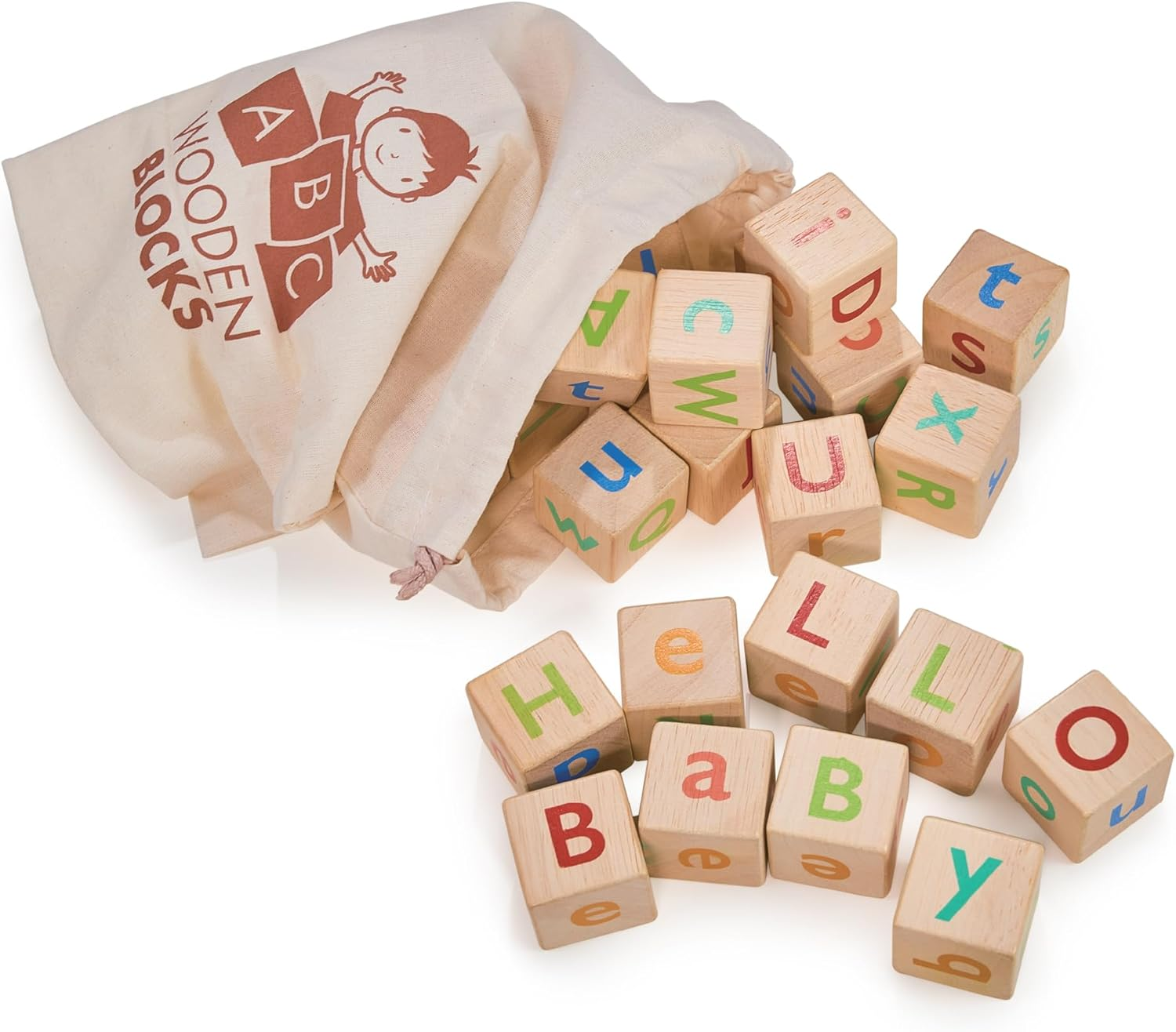 Mentari Toys - Alphabet Spelling Blocks - Wooden Block Letters Come with Drawstring Bag for Easy Storage - Age 3+ Year Old image number 3