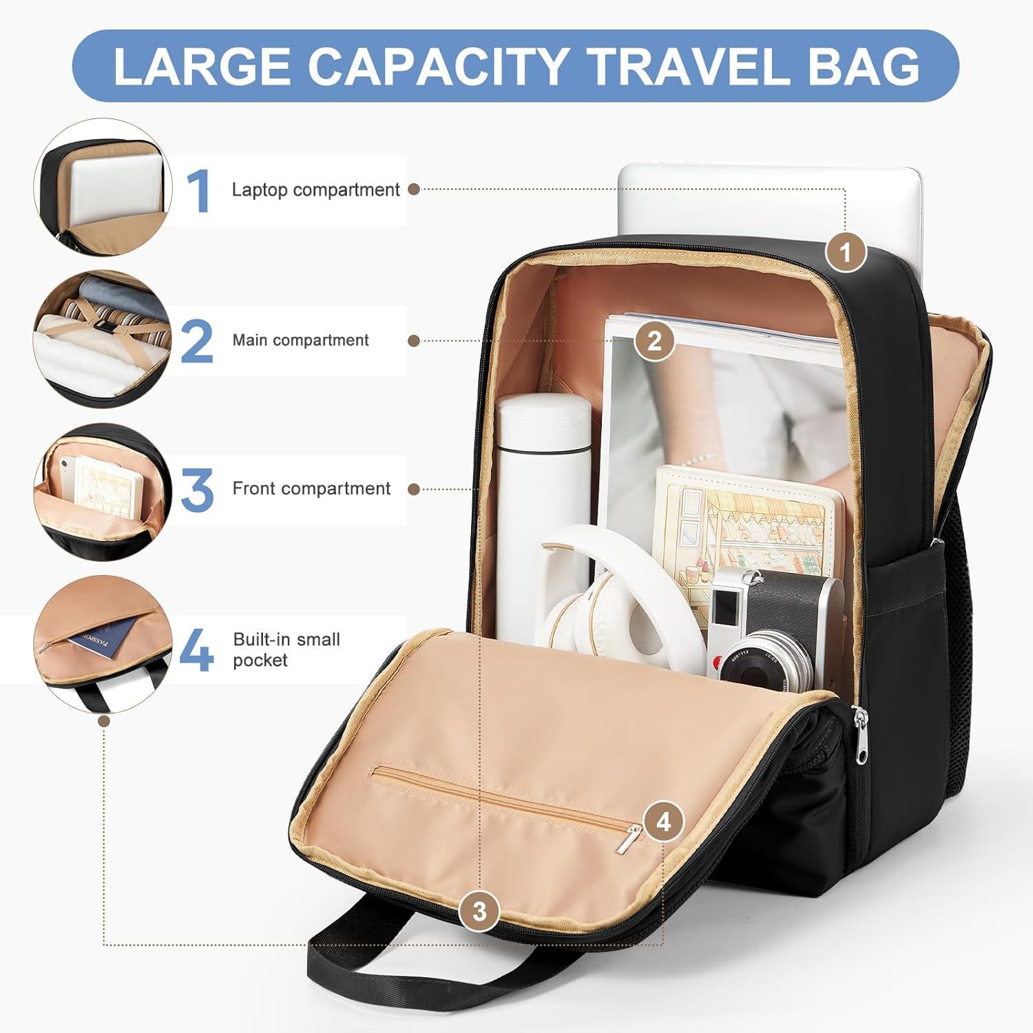 Pakembl Large Travel Backpack for Women Laptop Backpack Men Carry on Backpack Portable Computer Backpacks anti Theft Backpack Casual Daypack Fit 14 Inch Laptop - A02-Black Gold image number 3