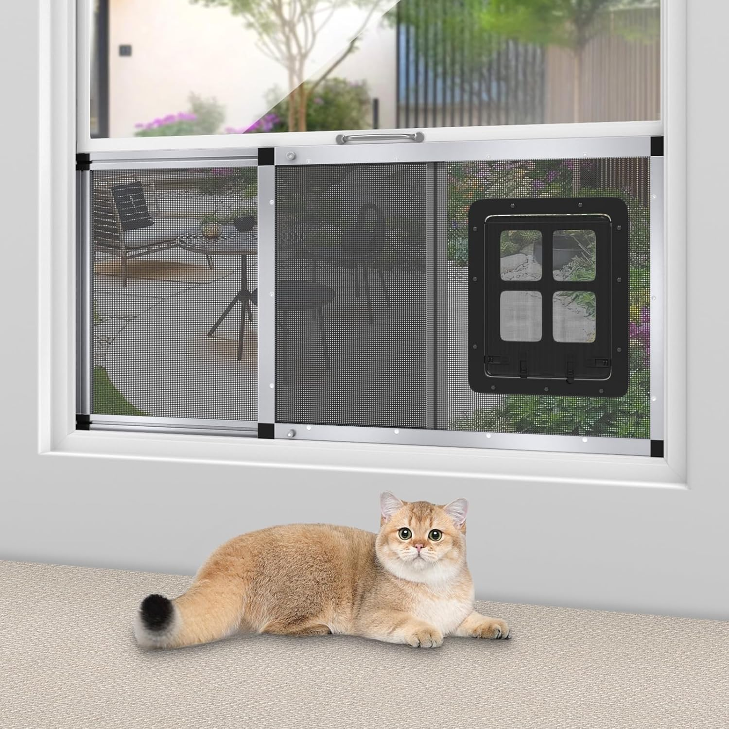 Adjustable Aluminum Pet Door for Window 31.7"-39.3" Wide, 4-Way Lock & Magnetic Closure Window Cat Door,No-Tool Cat Window Door Insert,Cat Door for Window with Steel Alloy Screen,Ventilation Bug-Proof image number 1