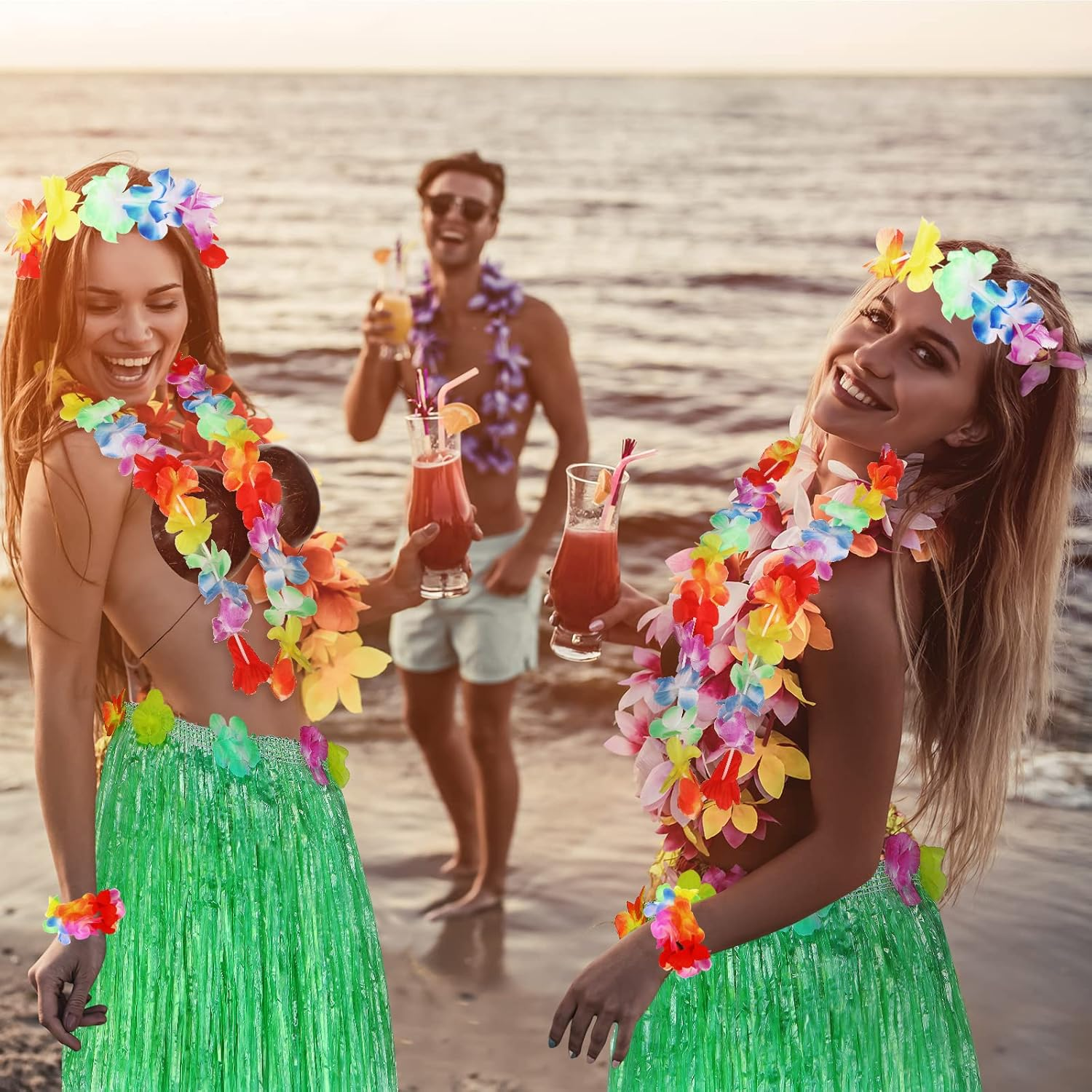 6 Pcs Coconut Bra Hawaiian Grass Hula Skirt Costume Set 31.5 Inch Dance Leis Outfit for Women Luau Party Supplies image number 6