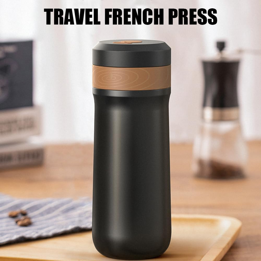 Domary French Press Coffee Maker for Travel 2-Layer Filter Mesh Double Walled Stainless Steel Vacuum Insulated Coffee Maker Cup for Coffee Tea Portable French Press Mug for Travel Office image number 5