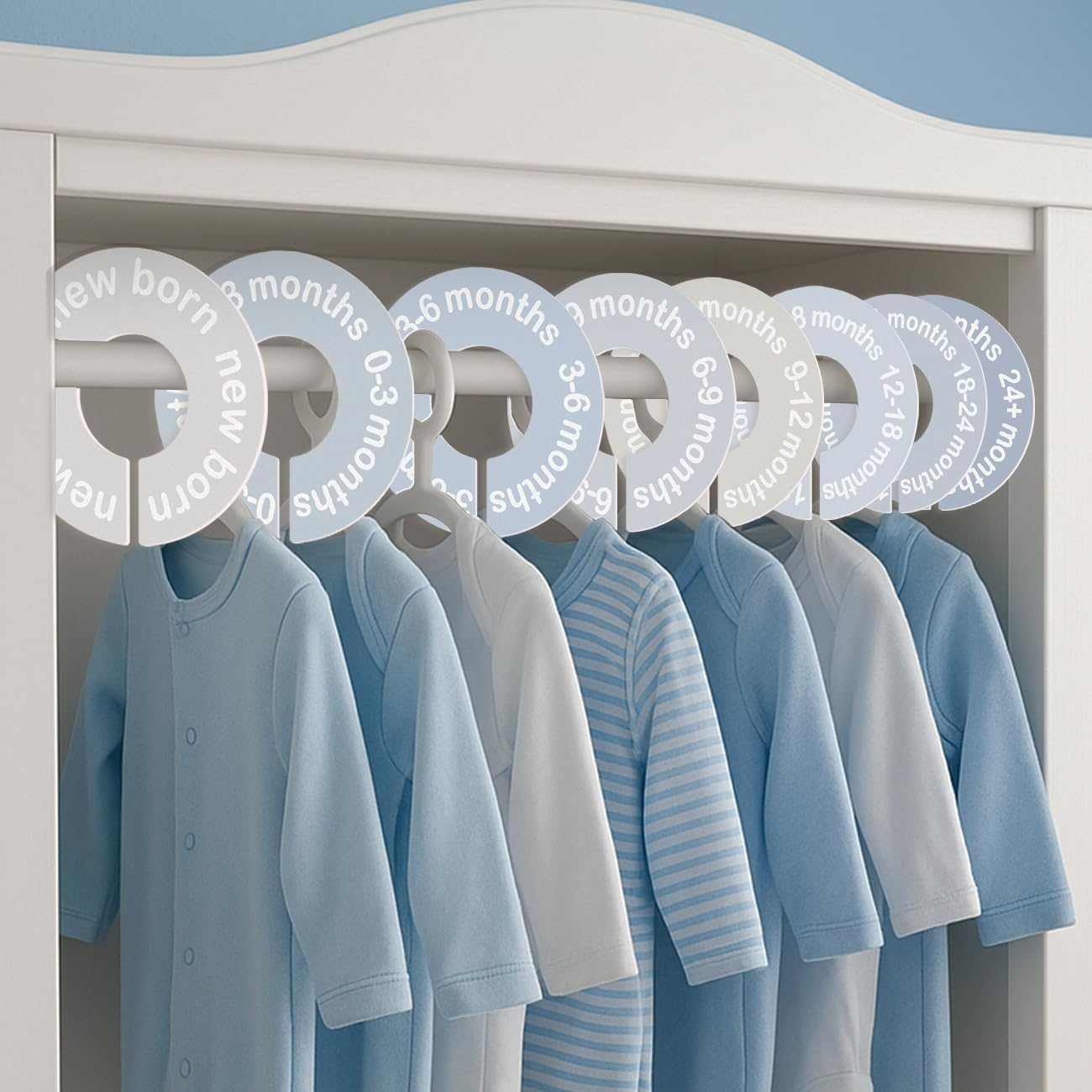 Baby Closet Dividers for Clothes 0-24 Months, 8 Pack Mini round Size Markers, Double-Sided, Fits Most Rods, Blue Nursery Clothing Organizer & Wardrobe Decor image number 5