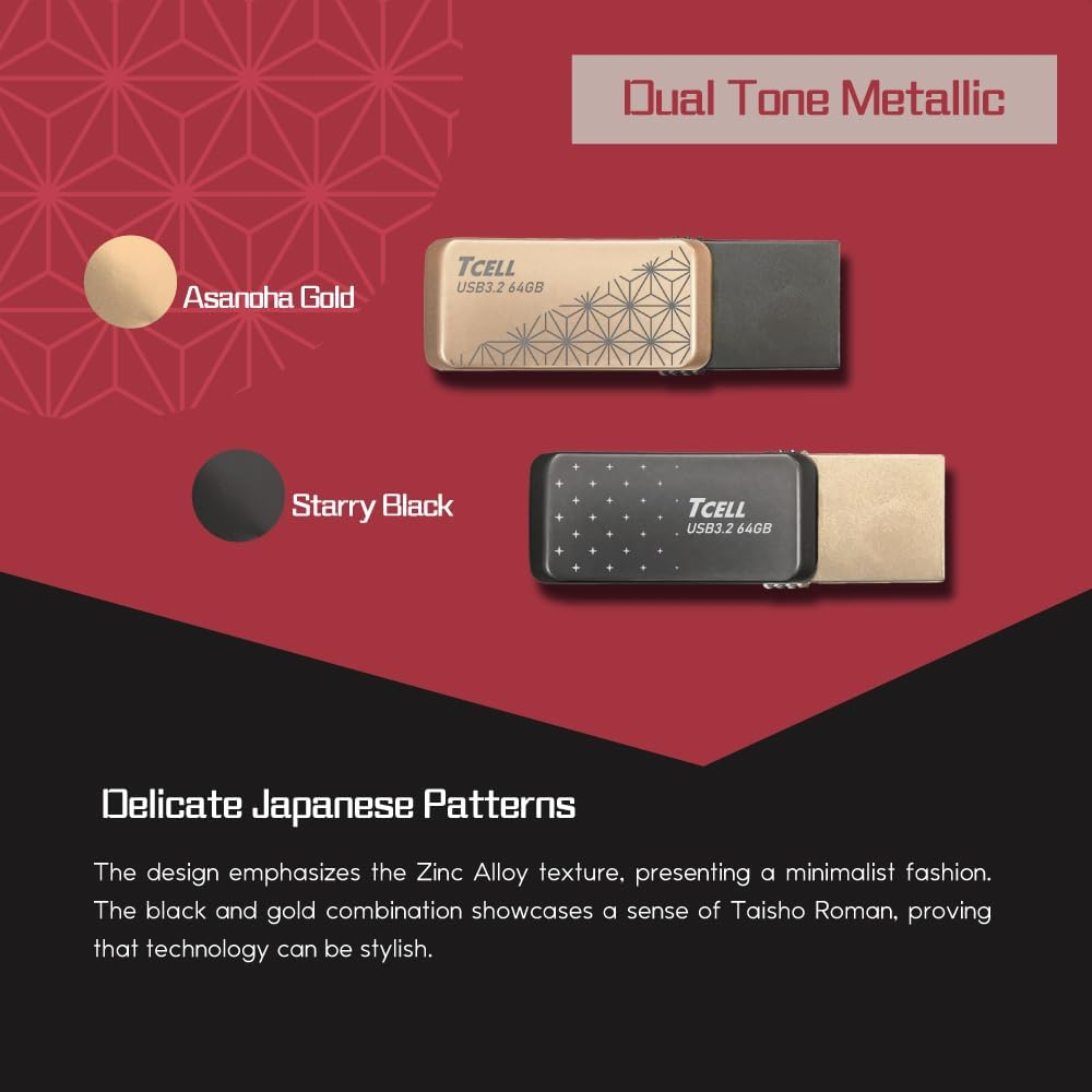 TCELL High Speed Dual Flash Drive with Zinc Alloy Design,Nezuko Asanoha Gold 64GB USB 3.2 Type-C OTG 2-In-1, Read Speed up to 200Mb/S, Compatible with Usb/Iphone/Ipad/Ipod/Mac/Ipad Air/Mini/Android image number 1