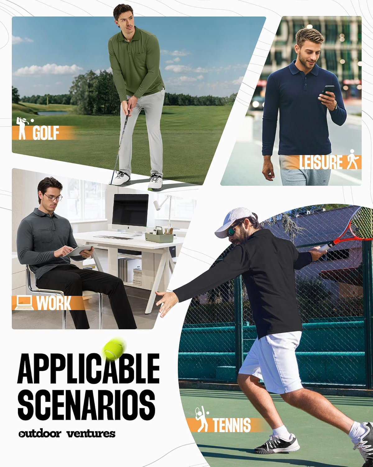 33,000Ft Men'S Long Sleeve Polo Shirt UPF50+ Breathable Golf Polo Moisture Wicking Quick Dry T Shirt Stretch Sports Athletic Tennis Performance Polo Lightweight Casual Work Top Black L image number 6